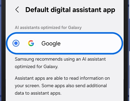 Default digital assistant app settings screen on the Galaxy Z Flip7 showing Google selected as the assistant.