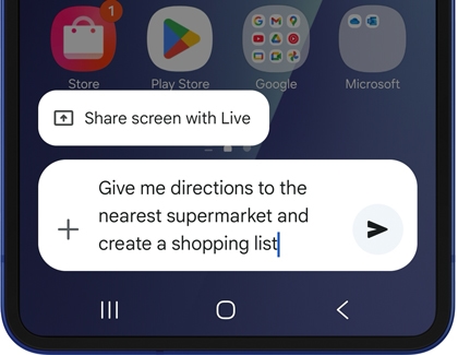 Voice command entered on the Galaxy Z Flip7 asking for supermarket directions and a shopping list.