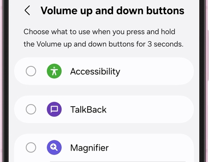 Galaxy device screen showing the Volume up and down buttons menu with options for Accessibility, TalkBack, and Magnifier.