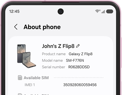 Galaxy device screen showing the About phone menu on a Galaxy Z Flip8 with details such as product name and model name displayed.