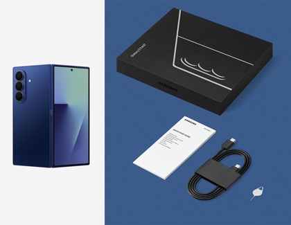 Galaxy Z Fold7 with its original box contents including a USB-C cable, SIM ejector tool, and quick start guide.