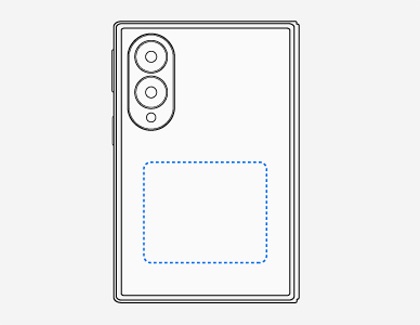 Illustration of the back of a Galaxy Z Fold8 Ultra showing a blue dotted square indicating the wireless charging area.