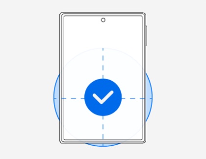 Illustration of the front of a Galaxy Z Fold8 Ultra centered on a charging pad with a blue checkmark icon.