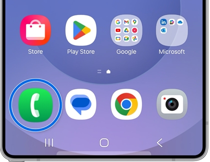 Galaxy phone displaying the Phone app icon selected on the Home screen.