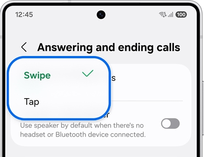Answering and ending calls screen showing Swipe selected.
