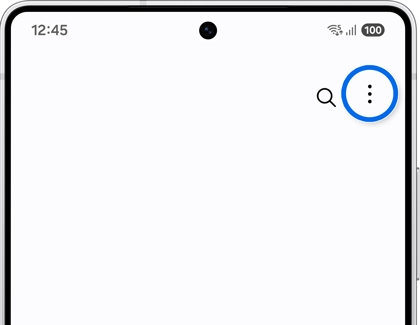  Galaxy phone screen with the Phone app open. In the top right corner, the More Options menu (represented by three vertical dots) is selected.