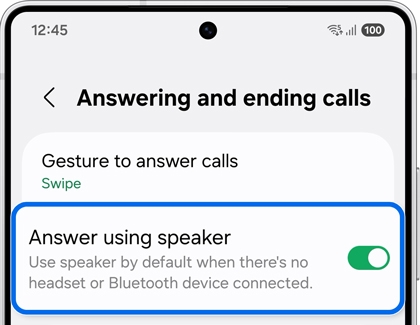 Call settings screen showing the toggle for Answer using speaker turned on.