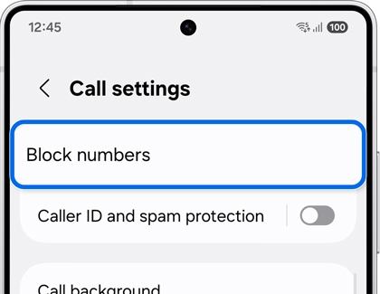 Call settings screen on a Galaxy S25 showing Block numbers option.