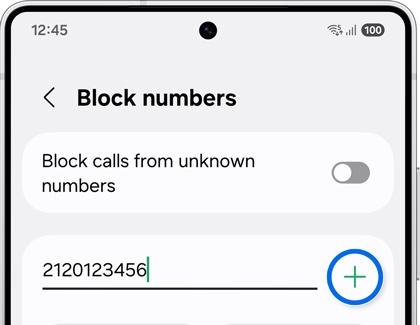 Block numbers screen on a Galaxy S25 with a phone number typed in.
