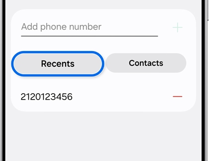 Block numbers screen on a Galaxy S25 showing Recents and Contacts options.