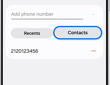 Block numbers screen on a Galaxy S25 with Contacts option highlighted.