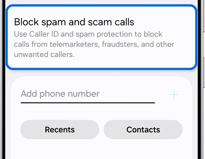Block spam and scam calls screen on a Galaxy S25 showing blocking options.