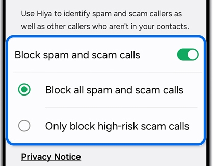 Block spam and scam calls options on a Galaxy S25 with Block all spam and scam calls selected.