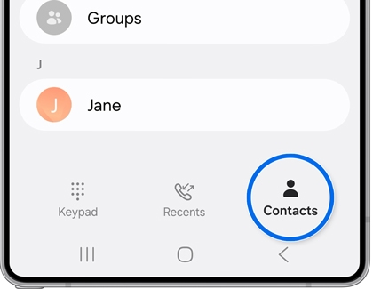 Contacts tab selected in the Phone app on the Galaxy S25.