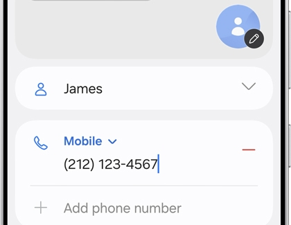 Adding details for a new contact named James on the Galaxy S25.