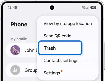 Trash option highlighted in the Phone app menu on the Galaxy S25.