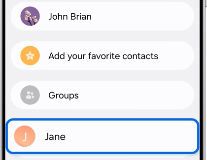 Jane contact selected from the list on the Galaxy S25.
