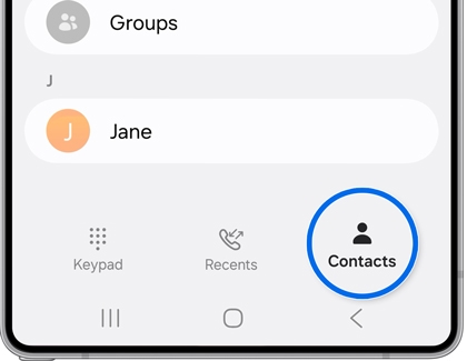Contacts tab highlighted in the Phone app on the Galaxy S25.
