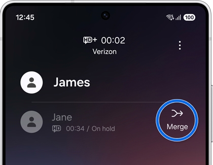 Merge option highlighted during an active and on-hold call on the Galaxy S25.