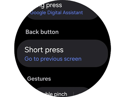 Galaxy Watch8 settings screen showing Back button option set to short press to go to previous screen.