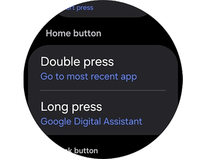 Galaxy Watch8 settings screen showing Home button options for double press and long press actions.