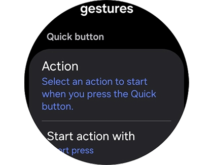 Galaxy Watch8 settings screen showing Quick button gestures where you can select an action to start with the Quick button.