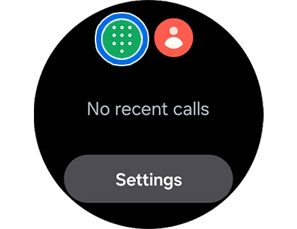 Galaxy Watch8 screen showing no recent calls with the Settings option visible.