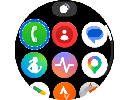 A Galaxy Watch screen showing app icons with the green Phone app icon highlighted.