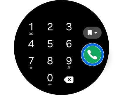 A Galaxy Watch screen showing a phone dialpad with the green call button highlighted.