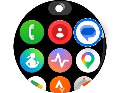 A Galaxy Watch screen showing app icons with the blue Messages app icon highlighted.