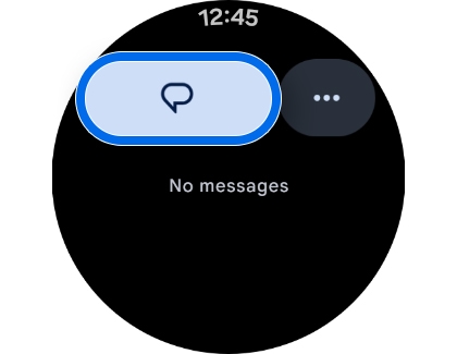 A Galaxy Watch screen showing the Messages app home view with a message icon highlighted.