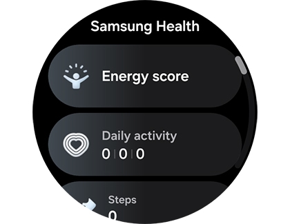 A Galaxy Watch screen showing the Samsung Health app menu with options for Energy score, Daily activity, and Steps.