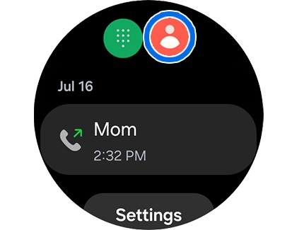 Contacts icon highlighted in the Phone app on a Galaxy Watch