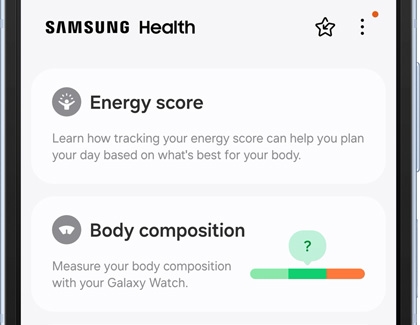 Samsung Health app displaying Energy score and Body composition tabs