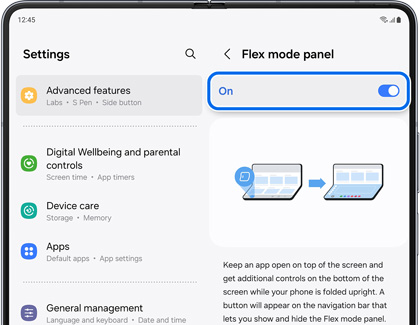 List of apps under Flex mode panel on a Galaxy Z Fold phone