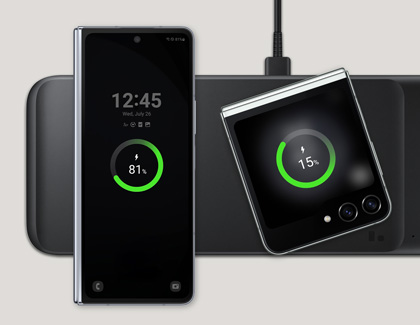 Galaxy Z Fold5 and Flip5 on the Samsung Wireless Charger Trio