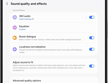 Sound quality and effects settings screen displaying a list of sound effects