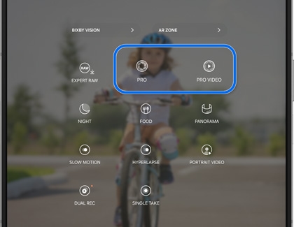 PRO and PRO VIDEO modes highlighted in the camera app
