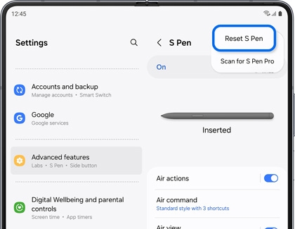 Reset S Pen highlighted in More options of S Pen