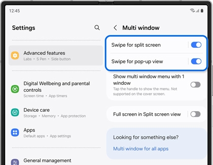 Swipe for split screen and Swipe for pop-up view highlighted and enabled in Multi window settings on a Galaxy Z Fold6