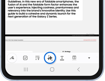 Note Assist icon highlighted in the toolbar of the Samsung Notes app