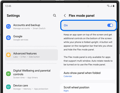 On tab highlighted and enabled in Flex mode panel settings screen