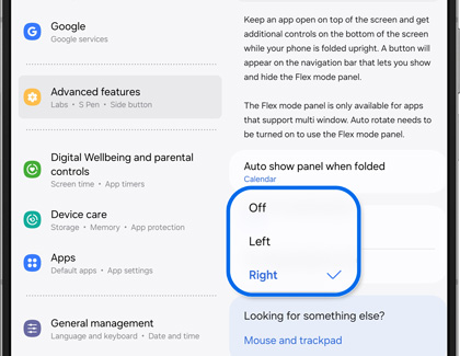 List of Off, Left, and Right options highlighted and Right selected