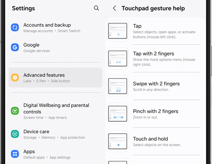 Touchpad gesture help settings screen