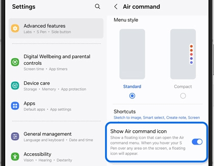 Show Air command icon tab highlighted and enabled in Air command settings on a Galaxy Z Fold6