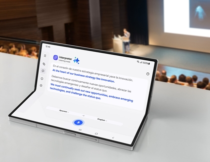 Galaxy Z Fold6 in Flex mode while displaying the Interpreter app in a lecture hall