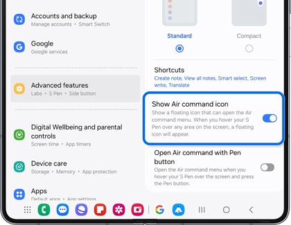 Show Air command icon highlighted and enabled in Air command settings