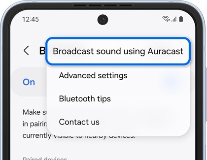 Broadcast sound using Auracast highlighted in More options for Bluetooth