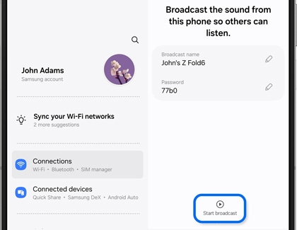 Start broadcast button highlighted in Auracast settings