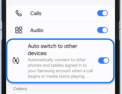 Auto switch to other devices option turned on for the connected Galaxy buds.